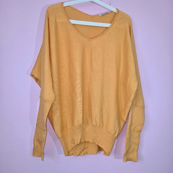 Raffi Cashmere V-Neck front and back Off The Shoulder Sweater, M, Peach Color - Picture 1 of 9